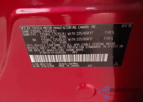 2015 Toyota Rav4 Xle z USA, uszkodzony, nr VIN 2T3RFREV4FW289564